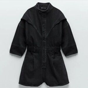 Zara DENIM JEAN Short JUMPSUIT ROMPER 3/4 Sleeves Black Color Size Medium